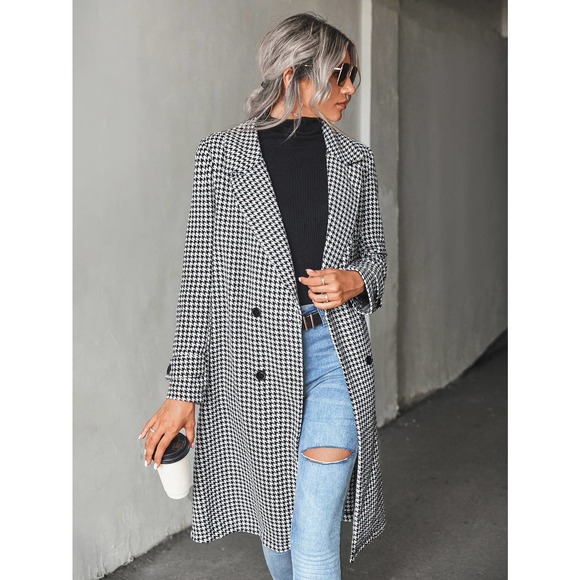 Houndstooth Lapel Collar Double Breasted Overcoat pea coat - Picture 5 of 8